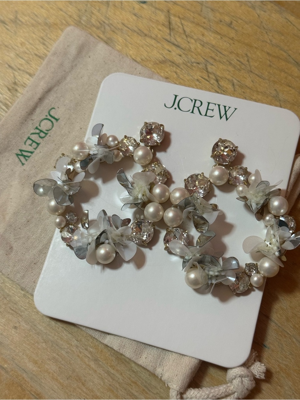 NWT J. Crew Pearl and Sequin Hoop Statement Earrings with Pouch BZ850